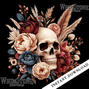 May include: A white human skull with a floral arrangement of red, pink, and blue flowers. The flowers are arranged around the skull and are in full bloom. The background is black.
