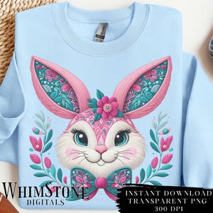 Faux gestickter rosa Osterhase PNG, Osterhase Sublimation, Floral Boho Bunny, Fliege, Kokette, kommerzielle Nutzung Digital Download