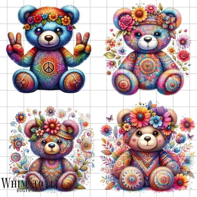 Watercolor Hippie Teddy Bear Clipart Bundle, 60s Hippie Clipart, Floral ...