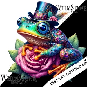 Grenouille lunatique sur une rose PNG, artsy grenouille DTF, clipart grenouille colorée, sublimation de crapaud fantaisiste, usage commercial, téléchargement numérique