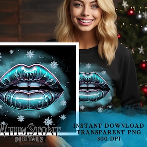 Winterlippen PNG, Kiss Lips dtf Design, frostige Lippensublimation, blaue silbrige Lippen, Schneeflocken, kommerzielle Nutzung, nur digitaler Download