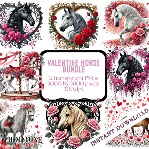 Bundle de cliparts cheval cheval, floral cheval PNG, chevaux Saint-Valentin, Saint-Valentin, coeurs, roses, usage commercial, téléchargement numérique