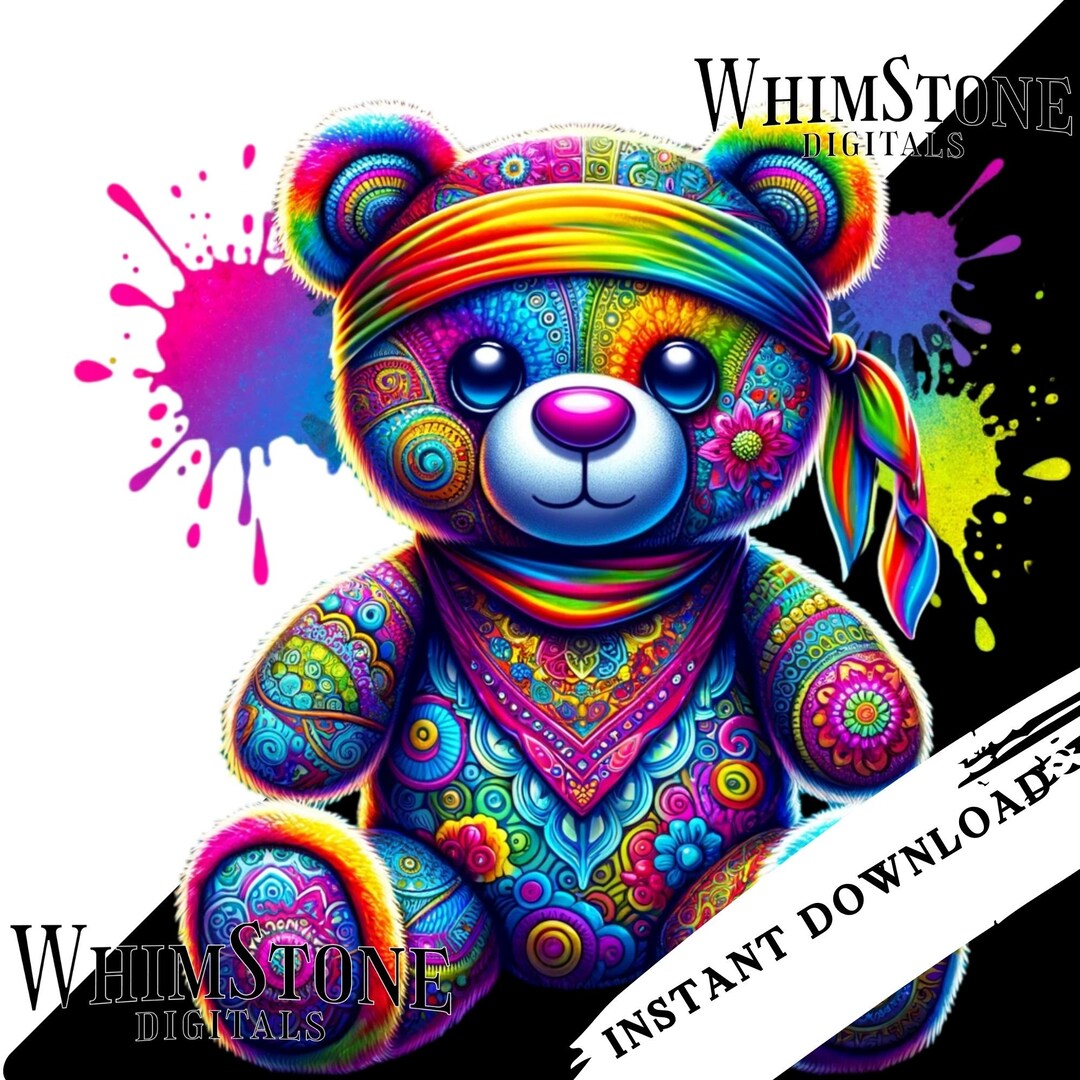 Psychedelic Hippie Teddy Bear PNG Watercolor Teddy Bear DTF