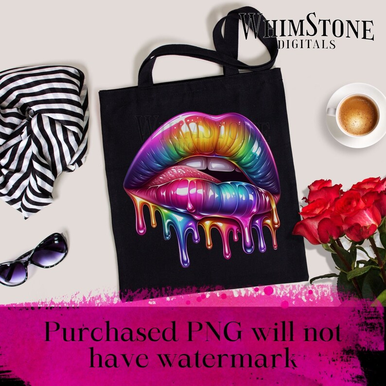 May include: A black tote bag with a rainbow dripping lips design. The text "WhimsTone Digitals" is printed on the bag.