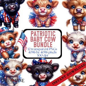 Vaterhafte Baby Kuh Clipart Bundle, Aquarell Highland PNGs, USA Kuh Clipart, Vierter Juli Babykühe, kommerzielle Nutzung, digitaler Download