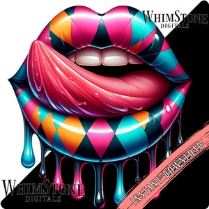 Harlequin Dripping Lips PNG, Colorful Geometric Lip Art PNG, Lips dtf design, Licking Lips clipart, Commercial Use, Digital Download Only
