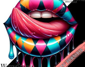 Lábios gotejantes de arlequim PNG, arte labial geométrica colorida PNG, design de lábios dtf, clipart de lamber lábios, uso comercial, somente download digital