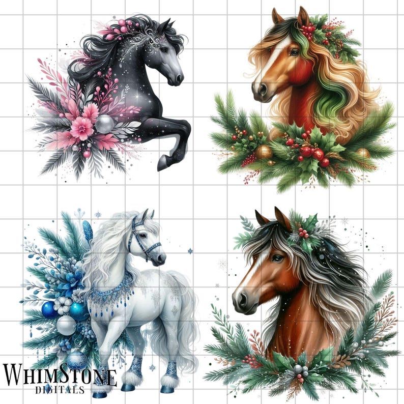 Watercolor Christmas Horse Clipart Bundle, Horse Head PNG Bundle ...