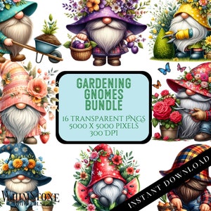 Paquete de imágenes prediseñadas de gnomos de jardinería, Paquete PNG de gnomos de primavera, PNG de jardín de flores y verduras, Uso comercial, Descarga digital