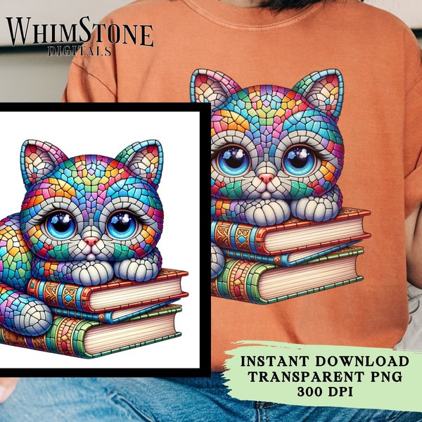 Mosaic Kitten and Books PNG cute cat dtf design Mosaic Cat Sublimation Stack of Books Clipart Booklover PNG Commercial Use Digital Download