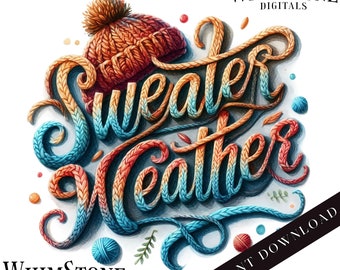 Tipografia de clima de suéter PNG, letras de crochê DTF de outono Sublimação PNG Uso comercial Download digital