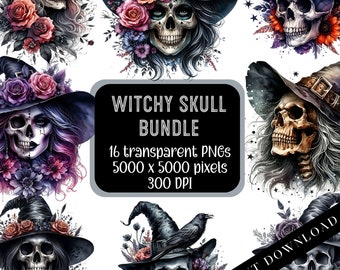 May include: A digital art bundle of 16 witchy skull illustrations. Each image features a skull wearing a witch's hat and surrounded by flowers. The images are 5000 x 5000 pixels and 300 DPI.