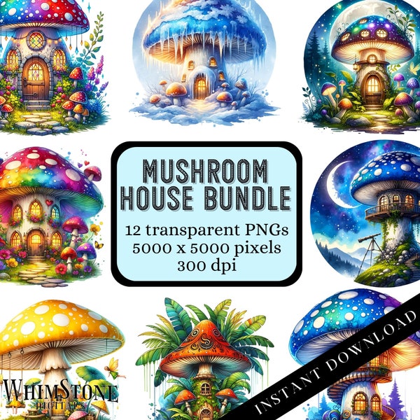 Fantasy Mushroom House Clipart Bundle, Watercolor Mushrooms PNGs, Magical Mushrooms, Whimsical Clipart Pack, Commercial Use Digital Download