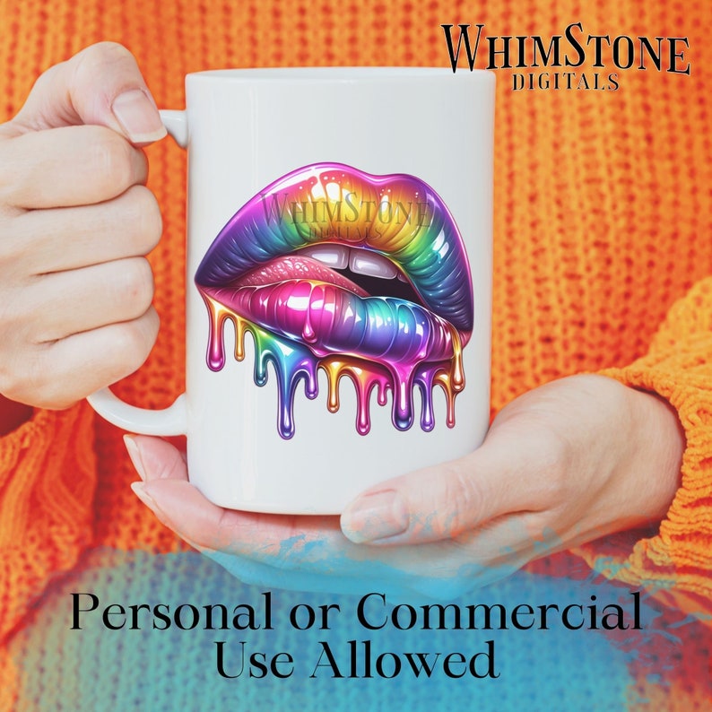 May include: White ceramic mug with a colorful rainbow dripping lips design. The text "WhimsTone Digitals" is printed on the mug.