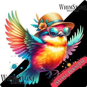 Aquarelle oiseau d'été PNG, oiseau coloré dtf, sublimation aquarelle, clipart estival, lunettes de soleil oiseau, usage commercial, téléchargement numérique