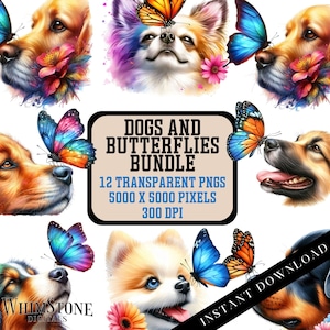 Aquarel honden en vlinders clipartbundel, vlinder op hondenneus PNG's, hondenliefhebber clipart, commercieel gebruik, digitale download