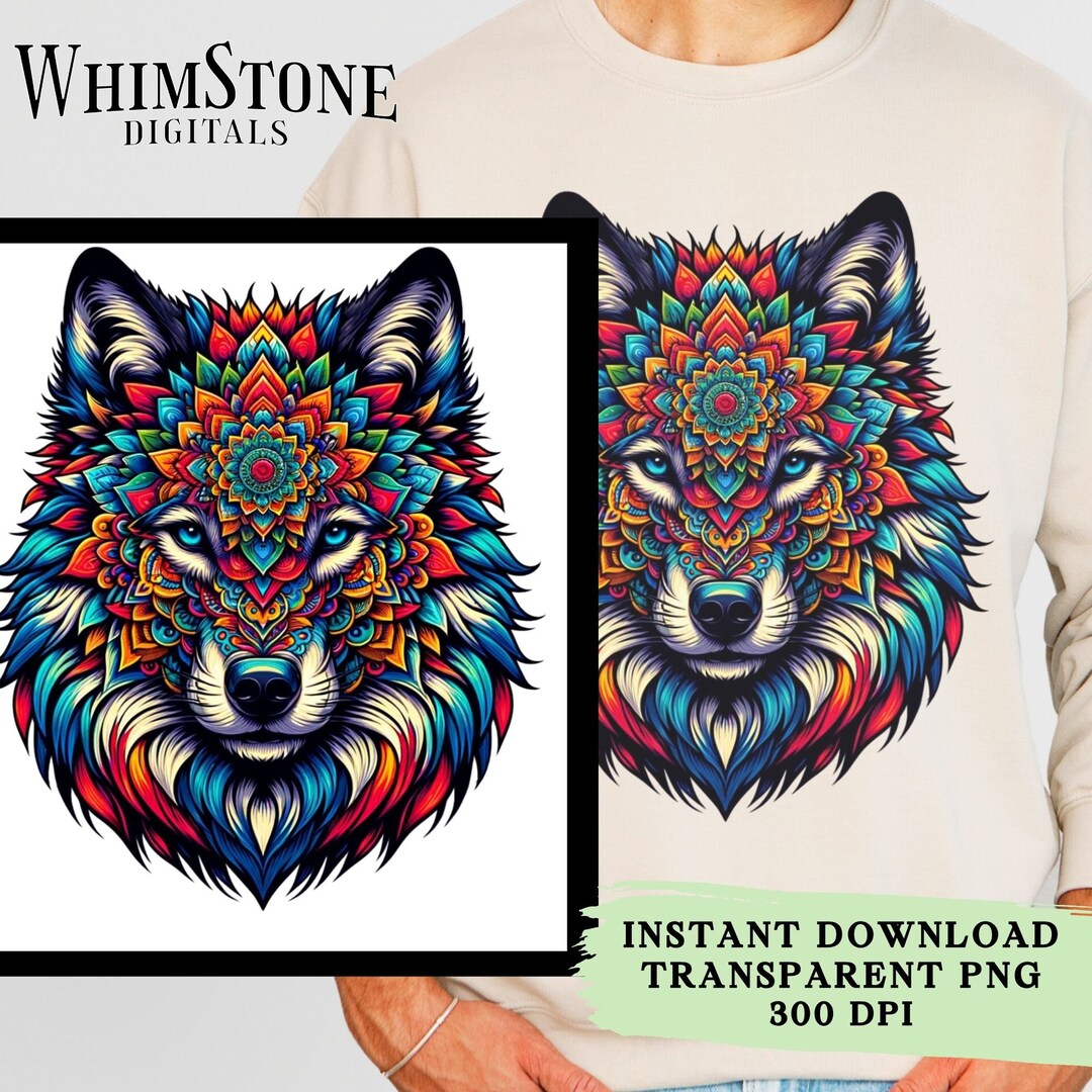 Beautiful Wolf PNG Mandala Wolf Dtf Design Colorful Wolf Sublimation