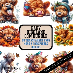 Paquete de imágenes prediseñadas de vaca Baby Highland, PNGs de acuarela Highland, imágenes prediseñadas de vaca floral, vacas bebé de temporada, uso comercial, descarga digital