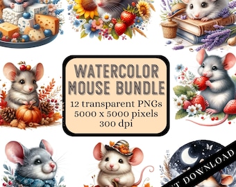 Watercolor Mouse Clipart Bundle, Cute Mouse PNGs, Seasonal Mice Clipart, Nursery Art PNGs, Commercial Use, Digital Download