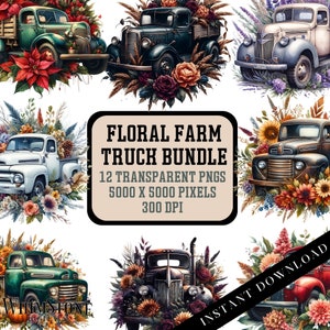 Pacote de clipart de caminhão de fazenda floral, PNGs de caminhões floridos, designs DTF, PNG floral estético, amante de caminhão antigo, download digital de uso comercial