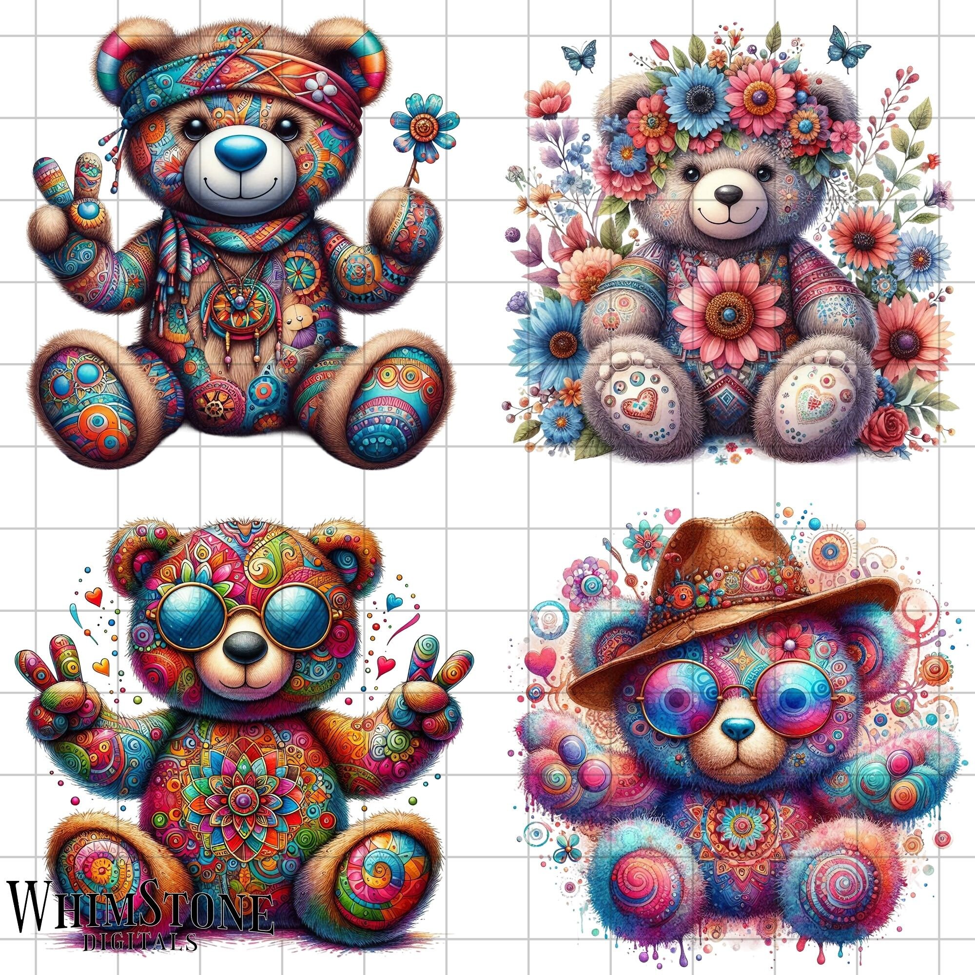 Watercolor Hippie Teddy Bear Clipart Bundle, 60s Hippie Clipart, Floral ...