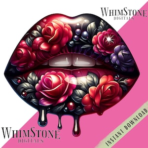 Romantische Blumenlippen PNG, Blumenlippen dtf Design, Rose Lippen Clipart, Lippen-T-Shirt Sublimation, kommerzielle Nutzung, nur digitaler Download