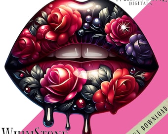 Romantische bloemen lippen PNG, bloem lippen dtf-ontwerp, Rose Lips clipart, lip T-shirt sublimatie, commercieel gebruik, alleen digitale download