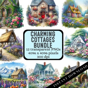 Bundle de cliparts aquarelle cottages de charme, cottage floral PNGs, clipart Cottagecore, usage commercial, téléchargement numérique