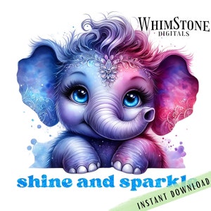 Shine and Sparkle Elephant PNG, Kleurrijke Olifant sublimatie, Nursery Wall Art graphic, Positieve Muurkunst, Commercieel Gebruik, Digitale Download