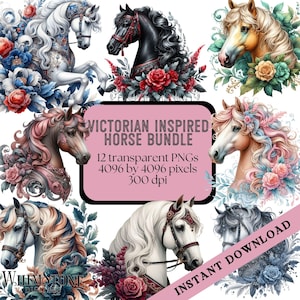 Aquarell viktorianisch inspirierte Pferd Clipart Bundle, Pferdekopf PNG Bundle, Jugendstil Pferde PNGs, Floral, kommerzielle Nutzung, digitaler Download