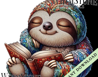 Sloth Reading PNG Sleepy sloth dtf design Mosaic Sloth Sublimation Bookish Clipart Sloth with Book PNG Commercial Use Digital Download