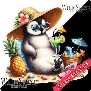 Pingüino de acuarela en la playa PNG, Dtf con playas, Sublimación de acuarela, Imágenes prediseñadas veraniegas, Pingüino margarita, Descarga digital de uso comercial