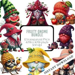 Fruchtige Zwerge Clipart Bundle, Gnome mit Obst PNG Bundle, Gnome Wand Kunst PNGs, Junk Journal Gnome Pack, kommerzielle Nutzung, digitaler Download