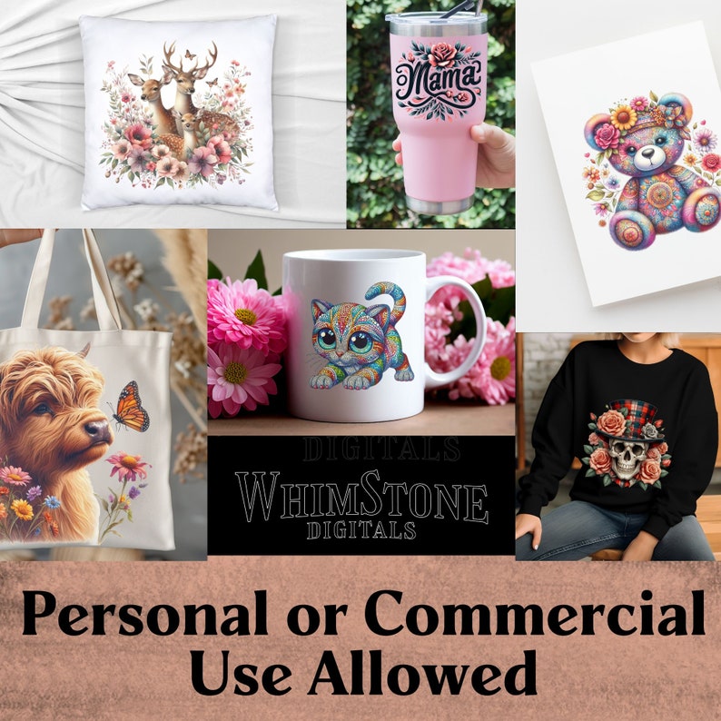 K&ouml;nnte beinhalten: Eine Collage mit einem wei&szlig;en Kissen mit Hirschen und Blumen, einem rosa Becher mit floralem Mama-Text, einem Teddyb&auml;ren-Druck, einer Tragetasche mit einem Hochlandrind, einer wei&szlig;en Tasse mit einer bunten Katze und einem schwarzen Sweatshirt.