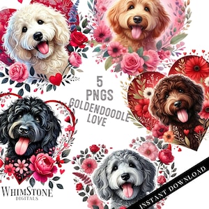 Goldendoodle Liebe PNG-Bundle, Goldendoodles mit Herzen Clipart, dtf design, Valentinstag Hund PNGs, kommerzielle Nutzung digitaler Download