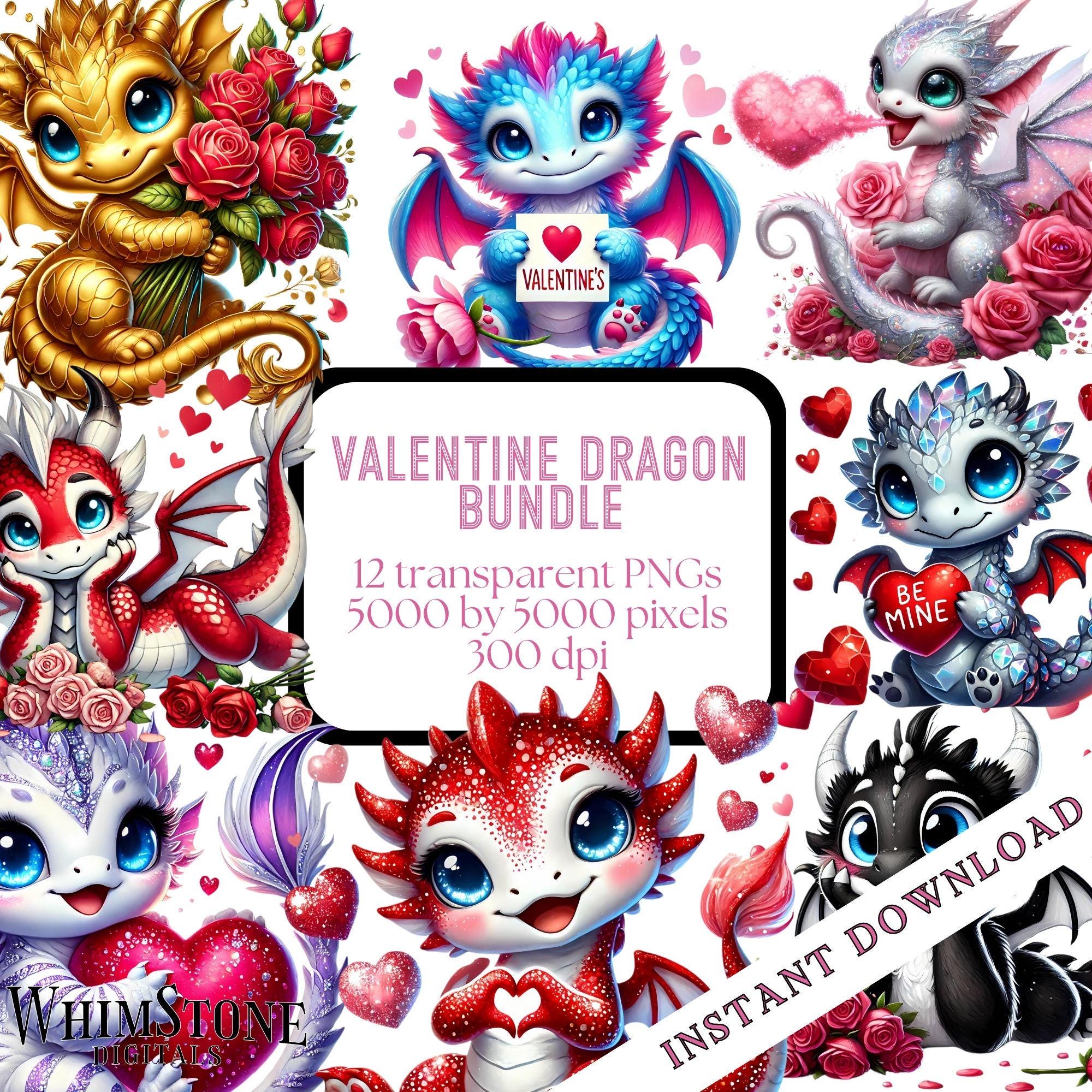 Valentine Dragon Clipart Bundle, Adorable Baby Dragons PNG Bundle ...