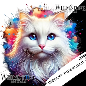 Aquarell Katze PNG DTF Design Künstlerische Weiße Katze Clipart Katze T-Shirt Grafik Sublimation, langhaarige Katze Kommerzielle Nutzung Digitaler Download