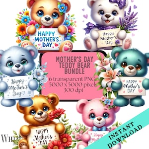 Moederdag teddybeer PNG-bundel, Happy Mother's Day clipart, Florals beren houden borden commercieel gebruik, alleen digitale download