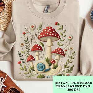 Champignons et escargot PNG, sublimation Cottagecore, champignon rouge en tête de pois, fausse broderie PNG, utilisation commerciale en téléchargement numérique