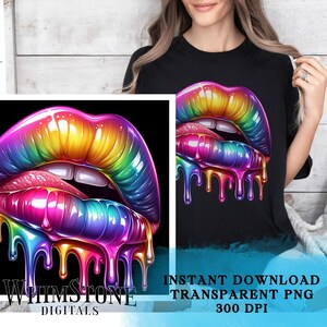 May include: A digital illustration of a pair of rainbow-colored lips with dripping paint. The lips are glossy and have a 3D effect. The background is black. "WhimsTone Digitals" is written in white at the bottom left corner. "Instant Download Transparent PNG 300 DPI" is written in white at the bottom right corner.