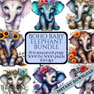 Pacote de clipart de elefante bebê Boho em aquarela, pacote PNG de elefante floral, arte de berçário PNGs, uso comercial, download digital