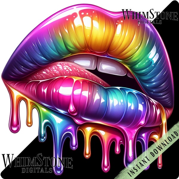 Rainbow Lips PNG, kiss lips dtf design, dripping lip clipart, Licking Lips Sublimation, Colors Oozing, Commercial Use, Digital Download Only