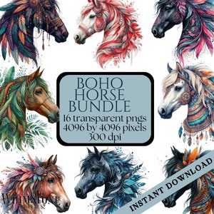 Paquete de imágenes prediseñadas de caballo boho de acuarela, Paquete PNG de cabeza de caballo, PNG de caballos coloridos, Uso comercial, Descarga digital