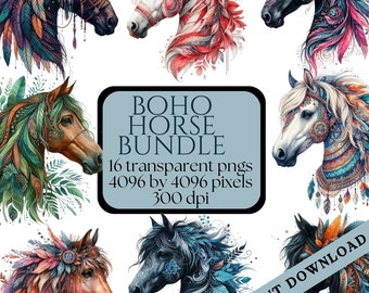 Watercolor Boho Horse Clipart Bundle, Horse Head PNG Bundle, Colorful Horses PNGs, Commercial Use, Digital Download