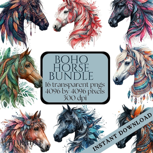 Watercolor Boho Horse Clipart Bundle, Horse Head PNG Bundle, Colorful Horses PNGs, Commercial Use, Digital Download