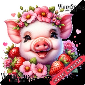 Aquarelle fraise cochon PNG, floral de cochon dtf, sublimation aquarelle, clipart printemps, fraises, usage Commercial téléchargement numérique