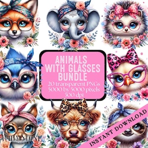 Pacote de clipart de animais fofos em aquarela com óculos, pacote PNG de animais atrevidos, PNGs de animais florais, uso comercial, download digital