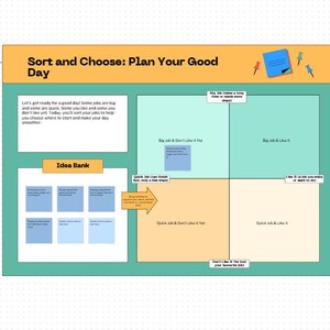 May include: A colorful organizational chart titled "Sort and Choose: Plan Your Good Day." The chart is divided into quadrants with text labels and includes sticky notes, push pins, and instructions. The chart is designed to help organize tasks.