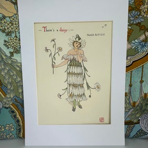 Daisy Women Portrait Herbs Vintage book plate, Garden Floral Botanical Wall Art, Art Nouveau Unmounted or Mounted for Framing
