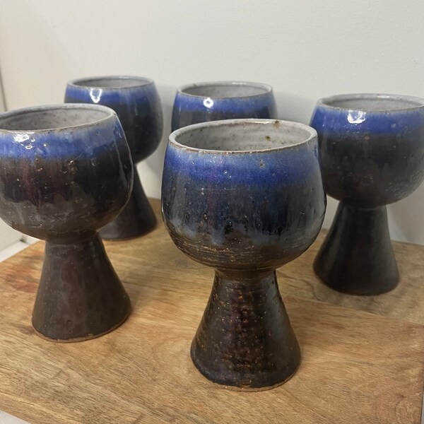 Rare Studio Pottery Set of 5 Wine Goblet Chalice Hand-thrown Vintage Australian Stonewear, Unique Barware Collectable